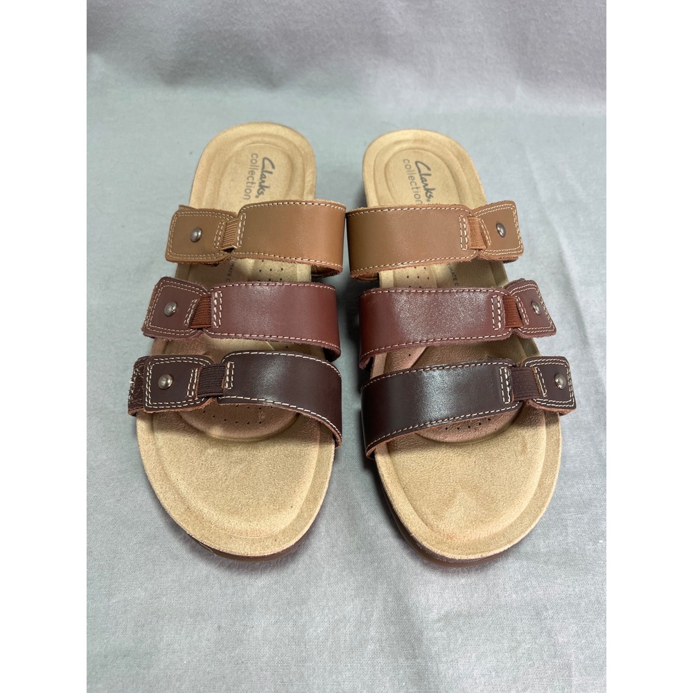 Clarks Collection Calenne Lily Slides Brown Multi-Strap Leather Adjustable 11